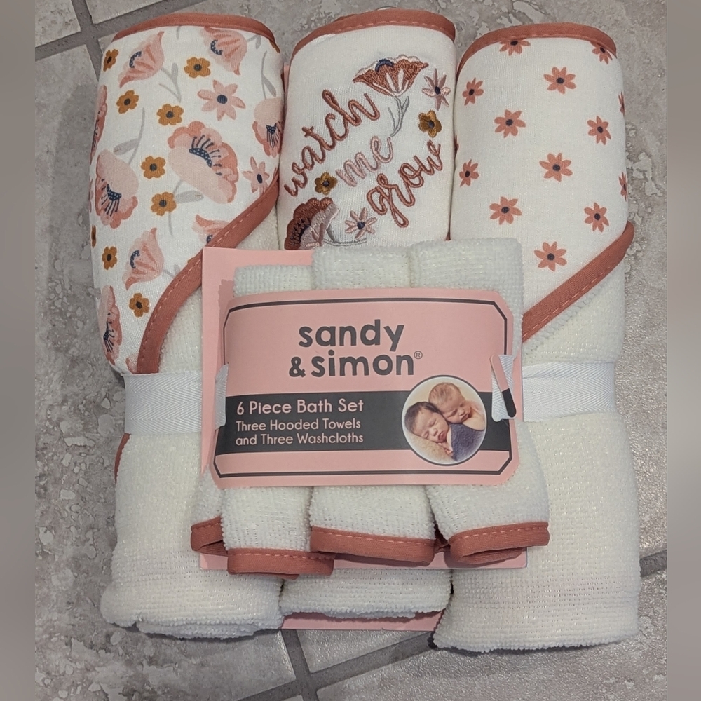Sandy & Simon Baby Girl 6 Piece Bath Set Hooded Towels and Washcloths NWT